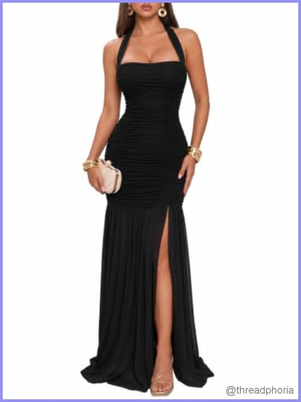 Memoriesea Women's High Slit Halter Tie Ruched Mesh Cocktail Maxi Dress